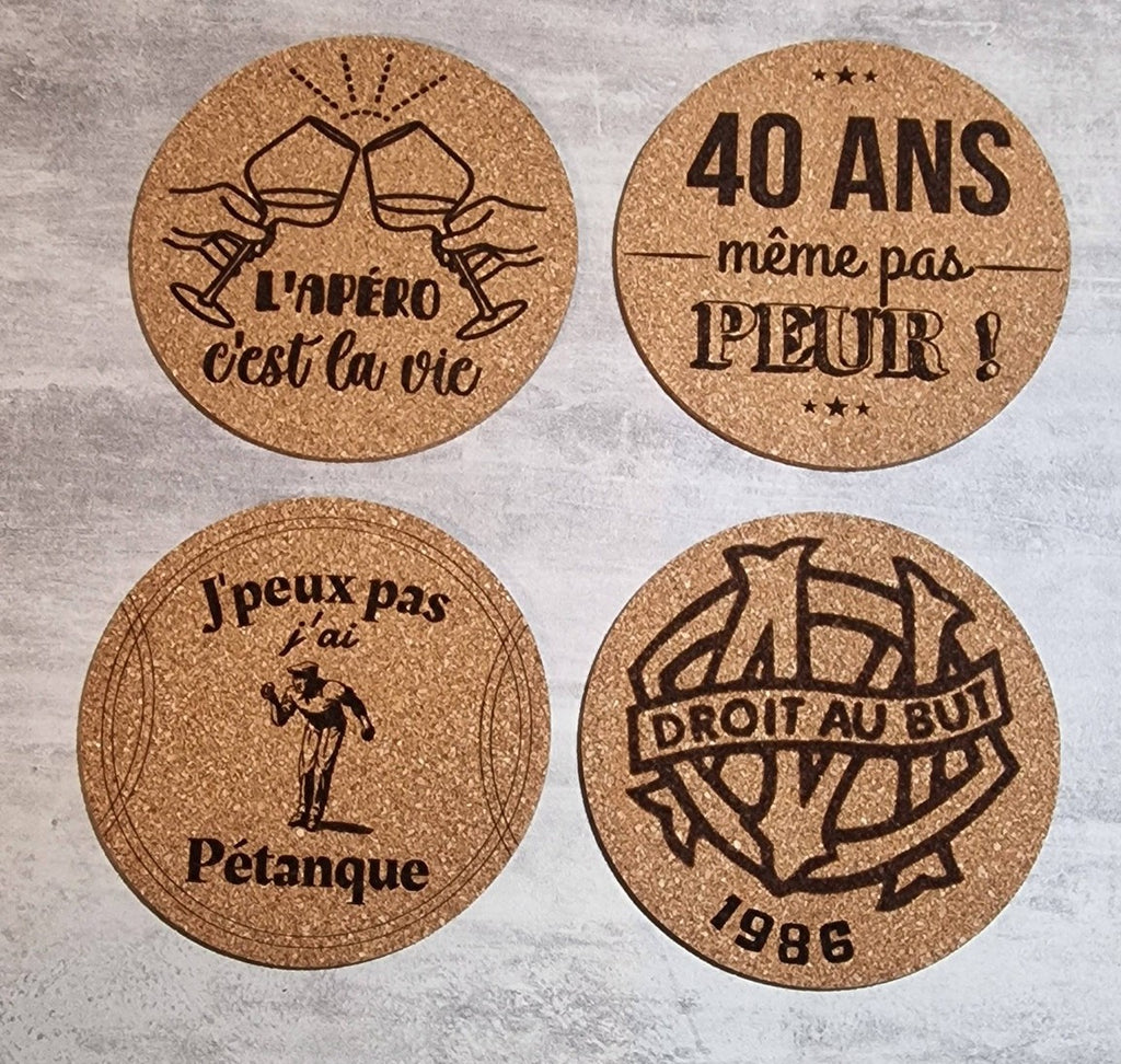Dessous de Verres en Liège Gravés au Laser - Lot de 4